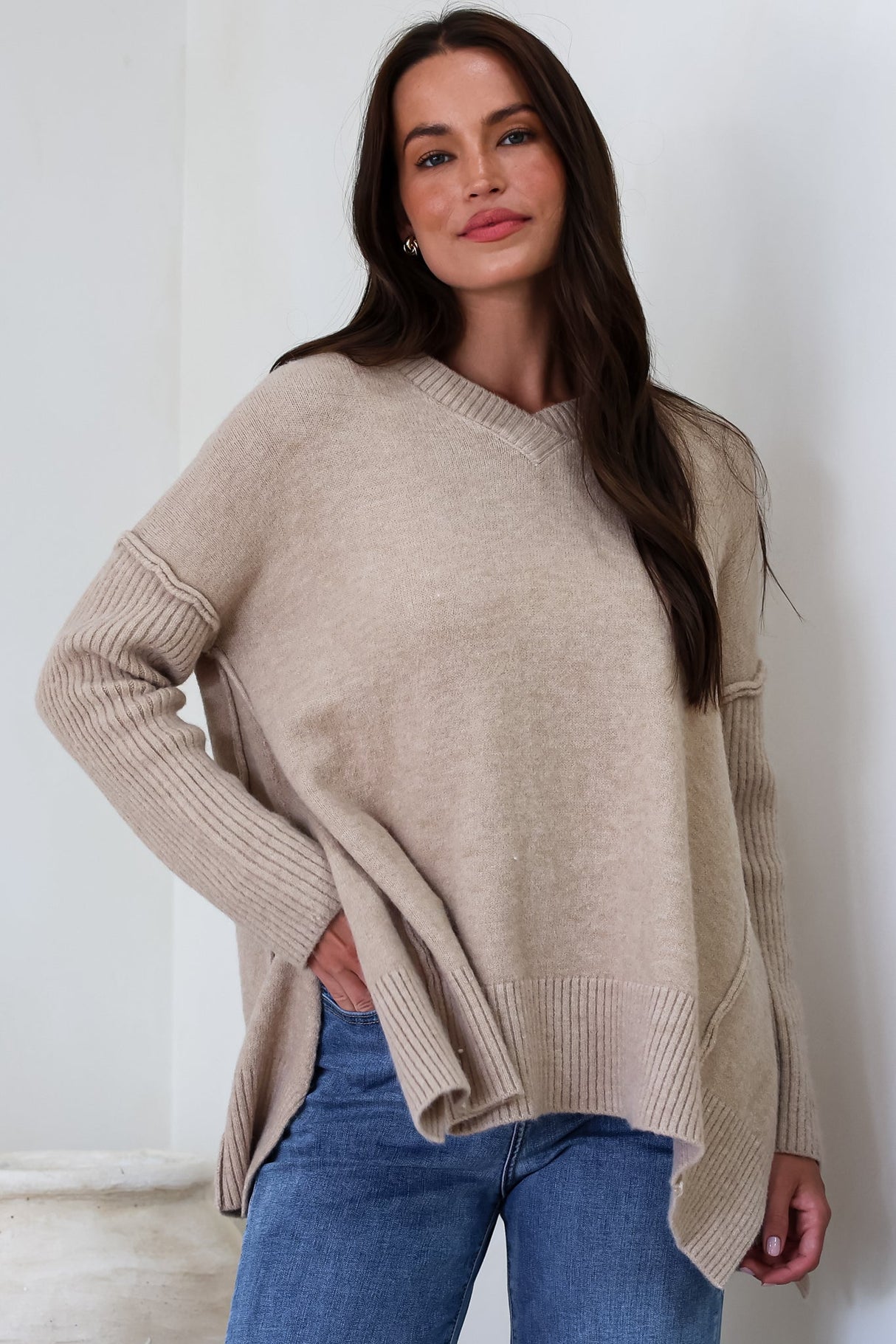 Ridge Jumper - V Neck Relaxed Shark Bite Ribbed Hemline Knit in Beige