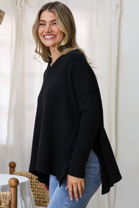 Ridge Jumper - V Neck Relaxed Shark Bite Ribbed Hemline Knit in Black