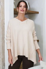 Ridge Jumper - V Neck Relaxed Shark Bite Ribbed Hemline Knit in Oatmeal