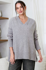 Ridge Jumper - V Neck Relaxed Shark Bite Ribbed Hemline Knit in Grey
