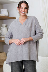 Ridge Jumper - V Neck Relaxed Shark Bite Ribbed Hemline Knit in Grey