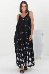 Rilley Maxi Dress - V Neck Adjustable Strap Dress with Matching Belt in Ariel Print Black