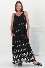 Rilley Maxi Dress - V Neck Adjustable Strap Dress with Matching Belt in Ariel Print Black