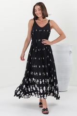 Rilley Maxi Dress - V Neck Adjustable Strap Dress with Matching Belt in Ariel Print Black