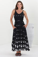 Rilley Maxi Dress - V Neck Adjustable Strap Dress with Matching Belt in Ariel Print Black