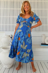 JAASE - Rini Midi Dress: Sweetheart Neckline Cut Out Detail Dress in Blue Bell Print