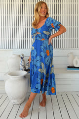 JAASE - Rini Midi Dress: Sweetheart Neckline Cut Out Detail Dress in Blue Bell Print