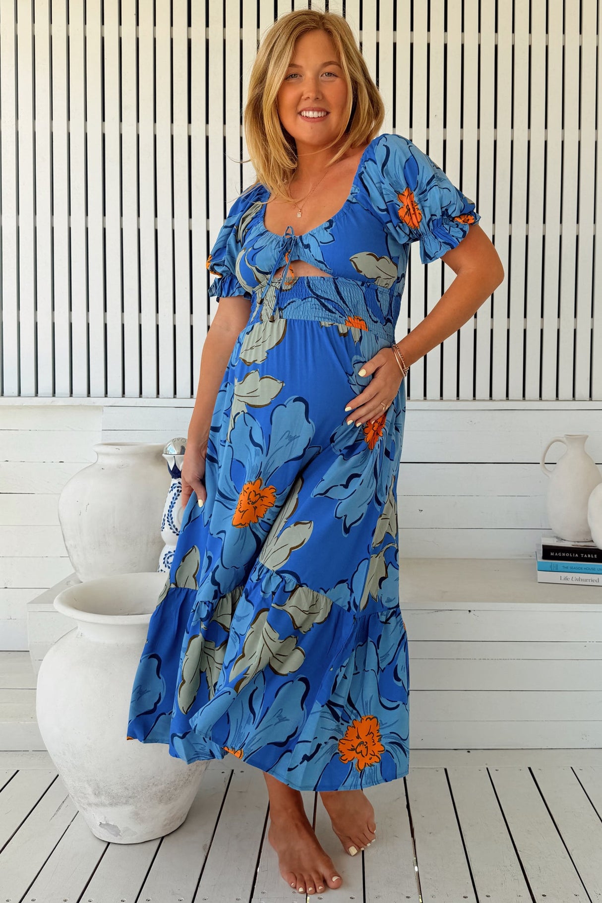 JAASE - Rini Midi Dress: Sweetheart Neckline Cut Out Detail Dress in Blue Bell Print