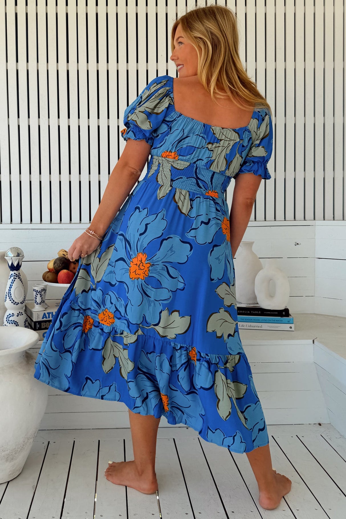 JAASE - Rini Midi Dress: Sweetheart Neckline Cut Out Detail Dress in Blue Bell Print