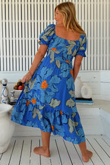 JAASE - Rini Midi Dress: Sweetheart Neckline Cut Out Detail Dress in Blue Bell Print