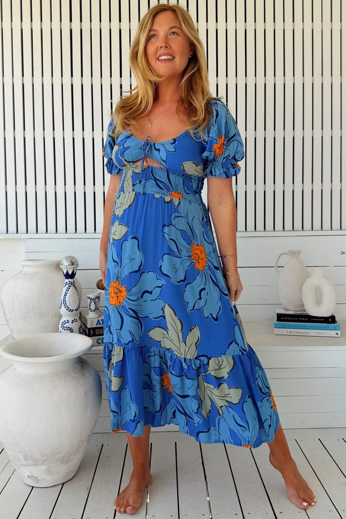JAASE - Rini Midi Dress: Sweetheart Neckline Cut Out Detail Dress in Blue Bell Print