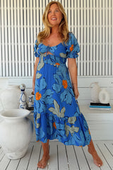 JAASE - Rini Midi Dress: Sweetheart Neckline Cut Out Detail Dress in Blue Bell Print