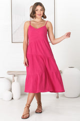 Rinley Midi Dress - Adjustable Strap Tiered Dress in Hot Pink