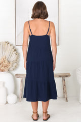 Rinley Midi Dress - Adjustable Strap Tiered Dress in Navy