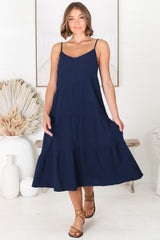 Rinley Midi Dress - Adjustable Strap Tiered Dress in Navy