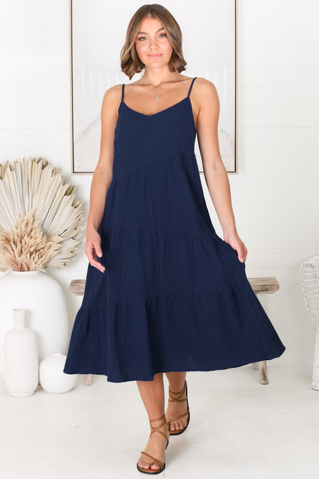 Rinley Midi Dress - Adjustable Strap Tiered Dress in Navy