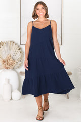 Rinley Midi Dress - Adjustable Strap Tiered Dress in Navy