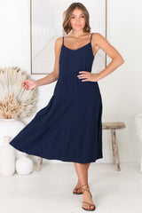 Rinley Midi Dress - Adjustable Strap Tiered Dress in Navy