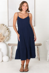 Rinley Midi Dress - Adjustable Strap Tiered Dress in Navy