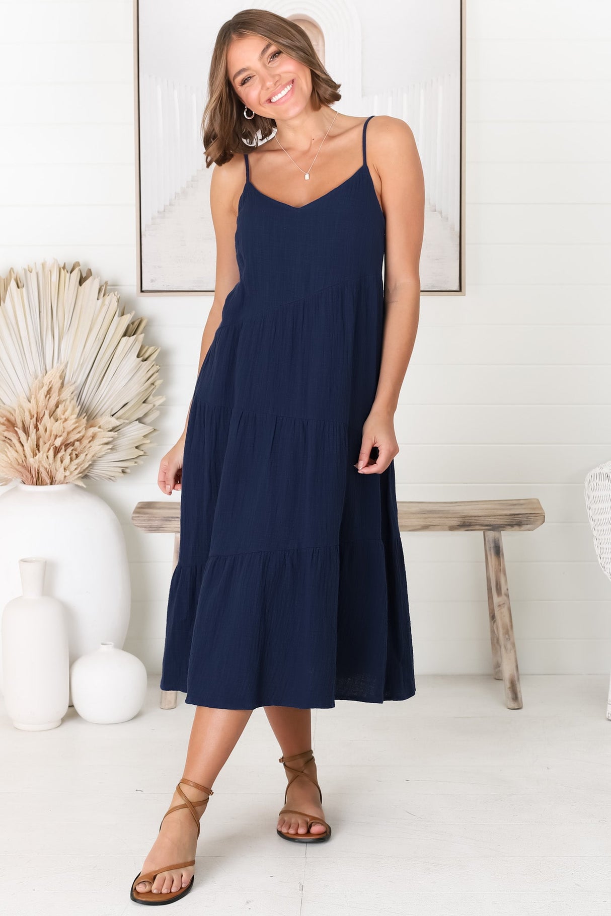 Rinley Midi Dress - Adjustable Strap Tiered Dress in Navy
