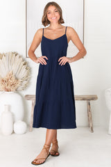 Rinley Midi Dress - Adjustable Strap Tiered Dress in Navy
