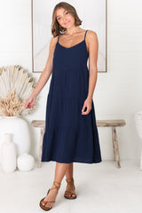Rinley Midi Dress - Adjustable Strap Tiered Dress in Navy
