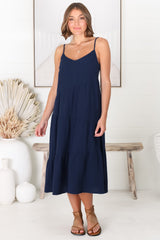 Rinley Midi Dress - Adjustable Strap Tiered Dress in Navy