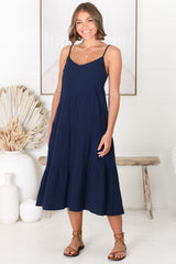 Rinley Midi Dress - Adjustable Strap Tiered Dress in Navy