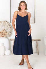 Rinley Midi Dress - Adjustable Strap Tiered Dress in Navy