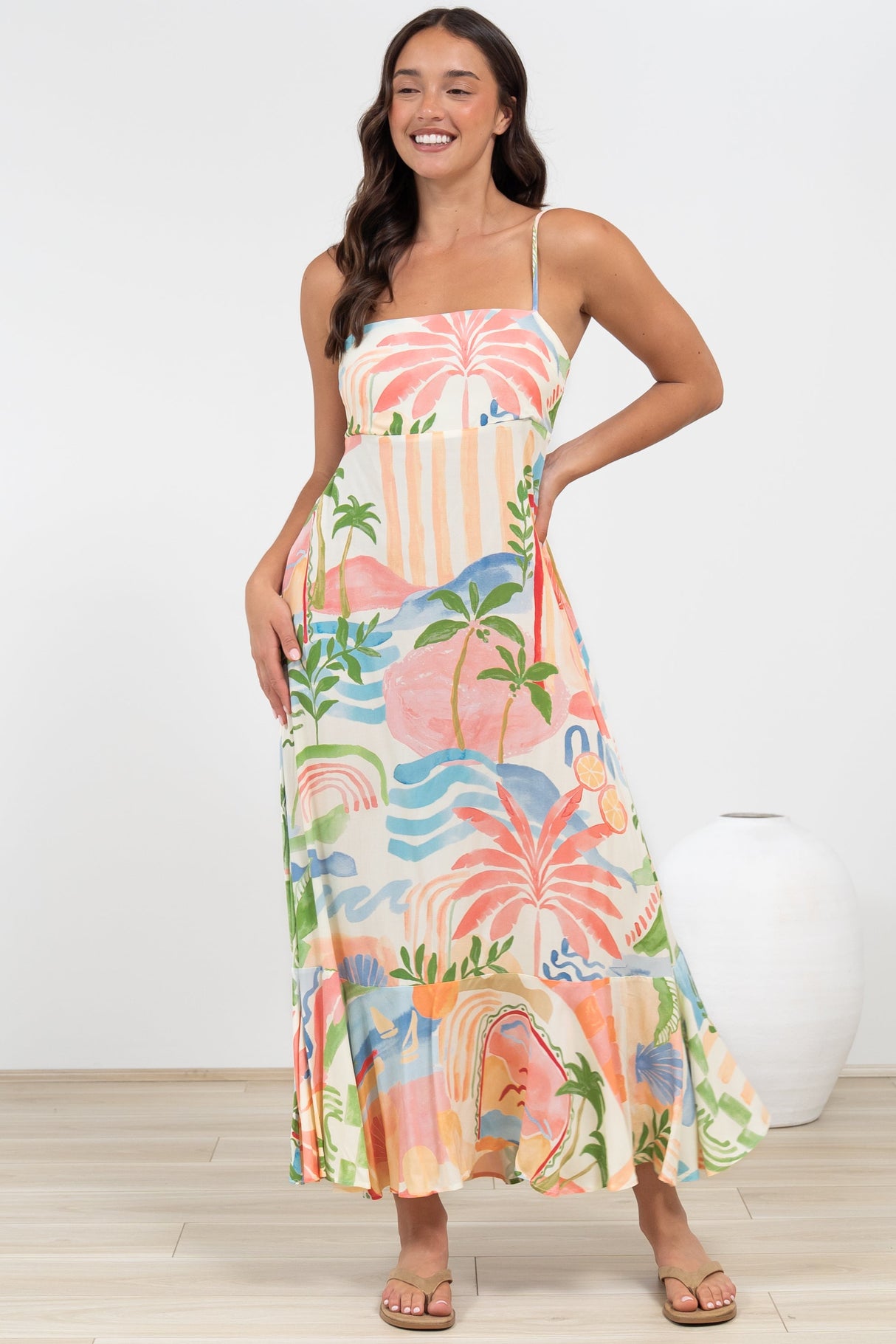 Rinna Midi Dress - Adjustable Strap with Tie Back Sun Dress in Anika Print