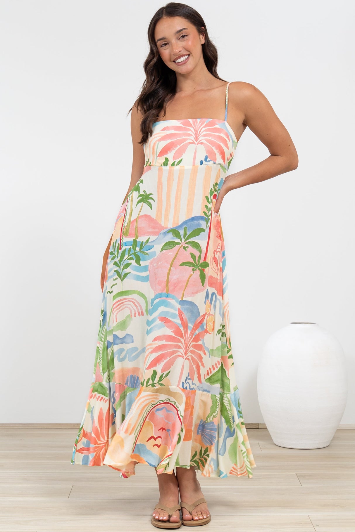 Rinna Midi Dress - Adjustable Strap with Tie Back Sun Dress in Anika Print