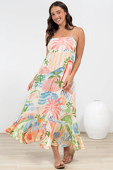 Rinna Midi Dress - Adjustable Strap with Tie Back Sun Dress in Anika Print