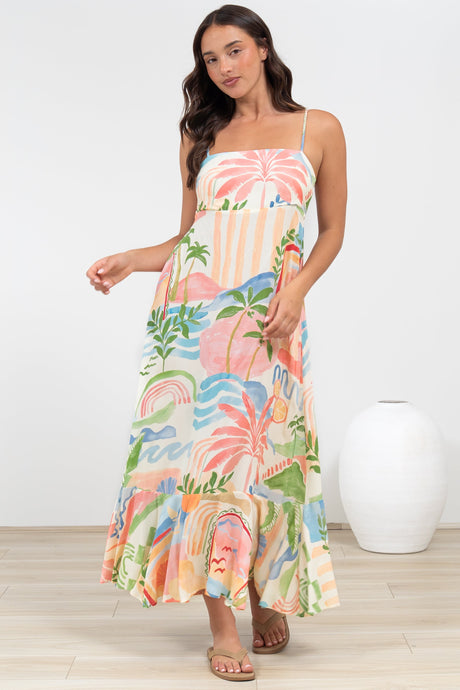 Rinna Midi Dress - Adjustable Strap with Tie Back Sun Dress in Anika Print