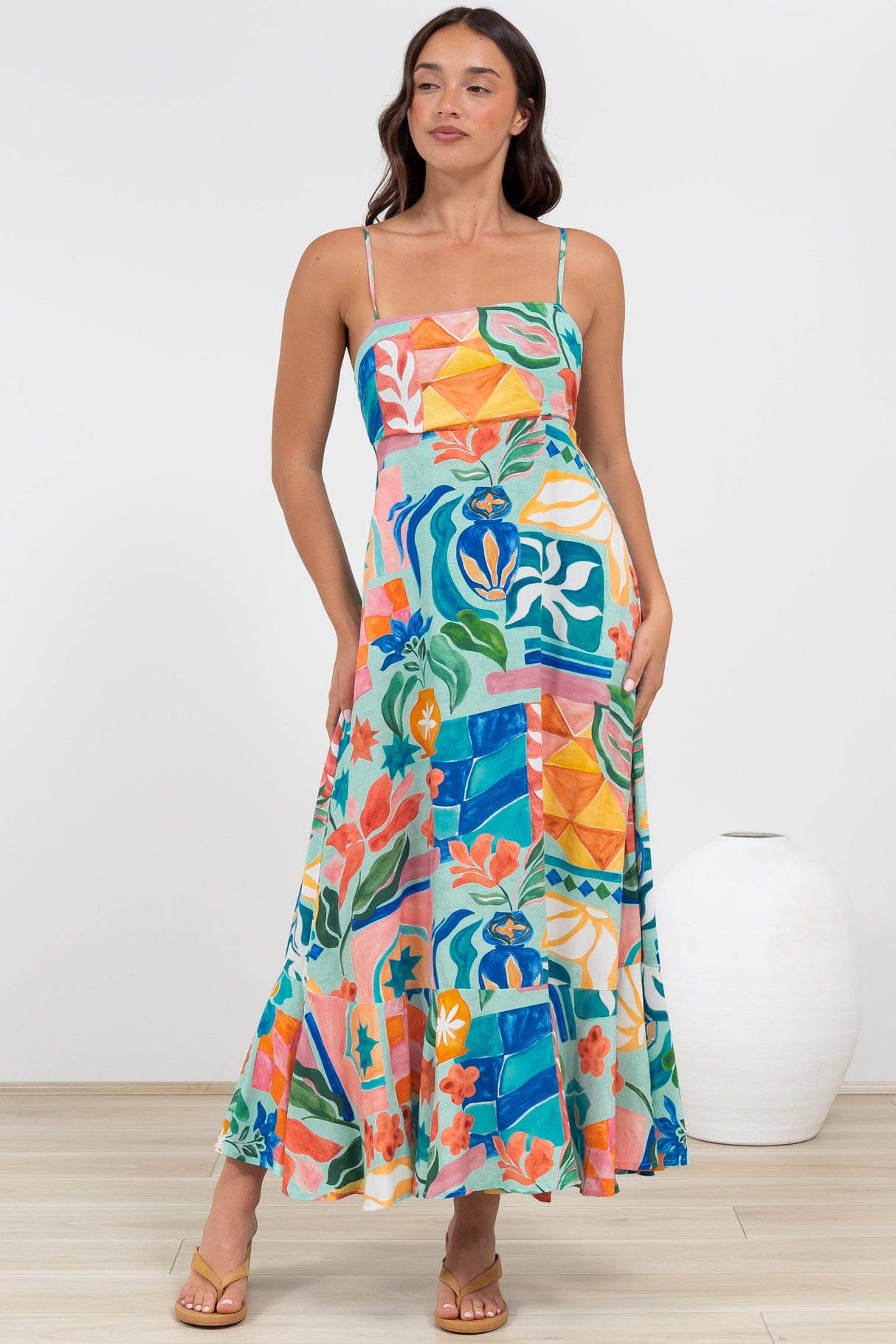 Rinna Midi Dress - Adjustable Strap with Tie Back Sun Dress in Edel Print