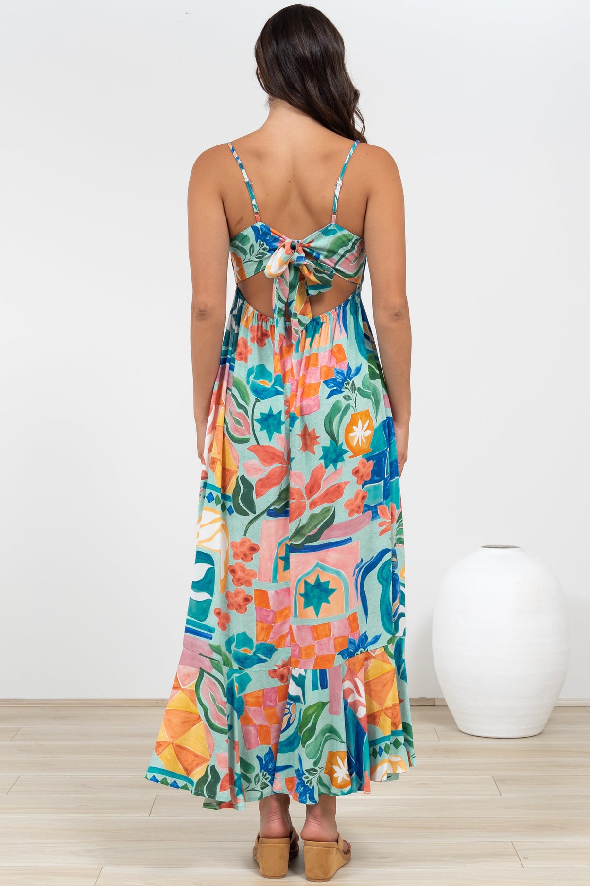 Rinna Midi Dress - Adjustable Strap with Tie Back Sun Dress in Edel Print