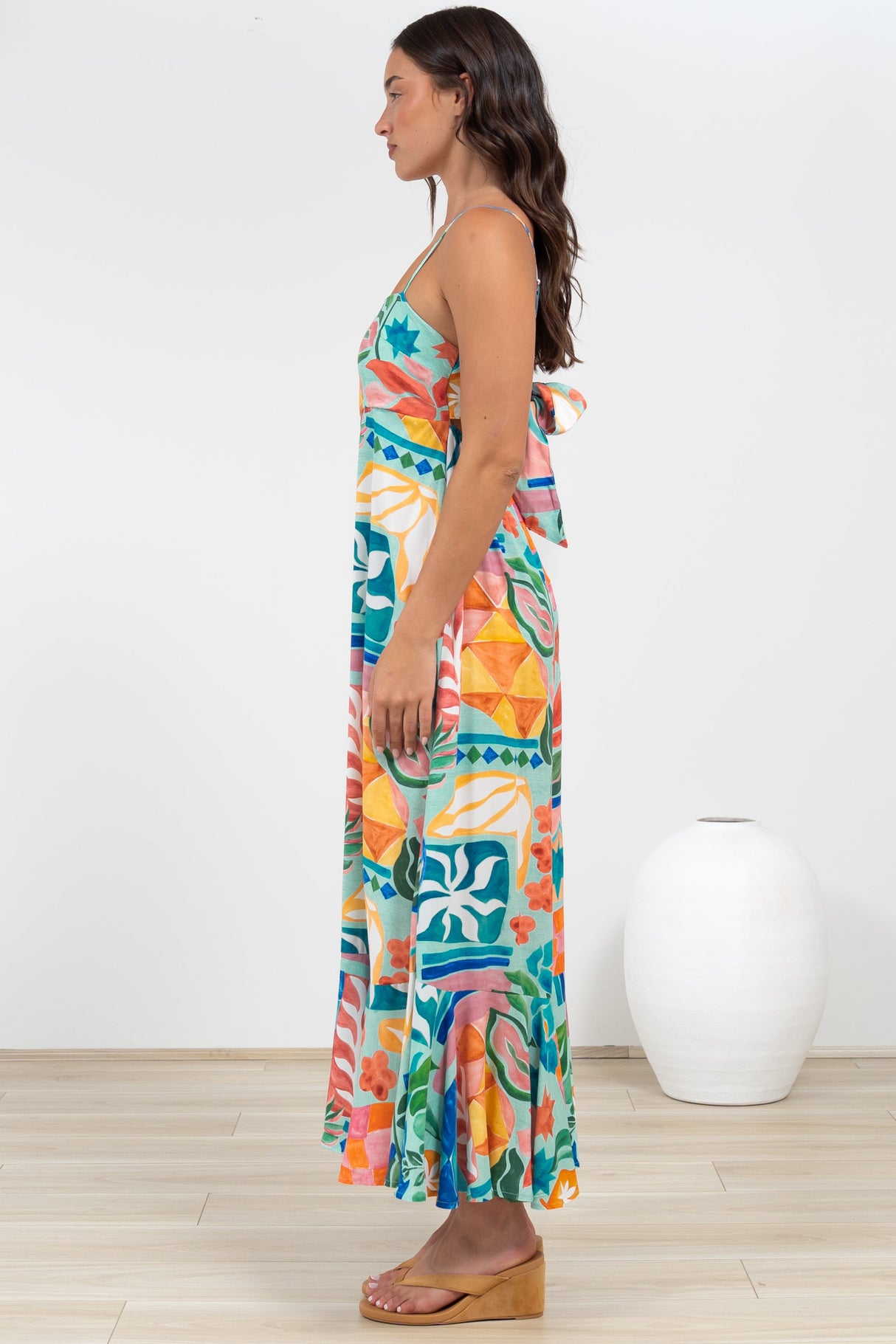 Rinna Midi Dress - Adjustable Strap with Tie Back Sun Dress in Edel Print