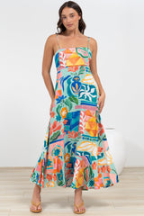 Rinna Midi Dress - Adjustable Strap with Tie Back Sun Dress in Edel Print