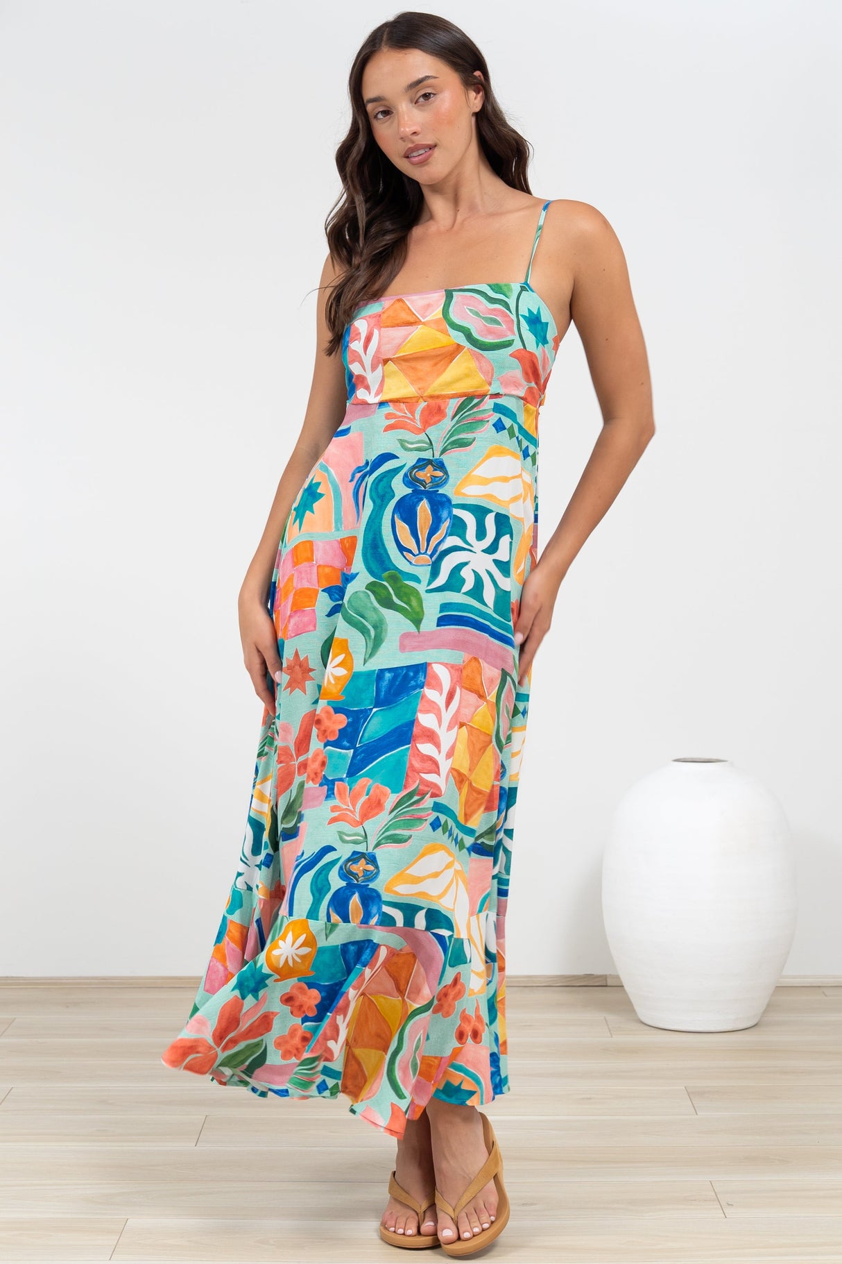 Rinna Midi Dress - Adjustable Strap with Tie Back Sun Dress in Edel Print