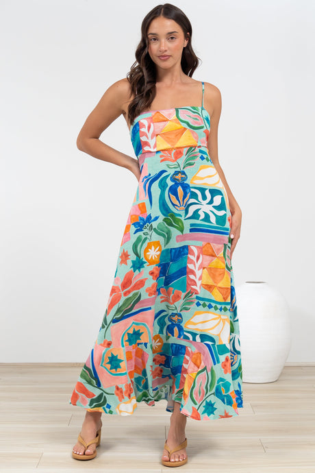 Rinna Midi Dress - Adjustable Strap with Tie Back Sun Dress in Edel Print