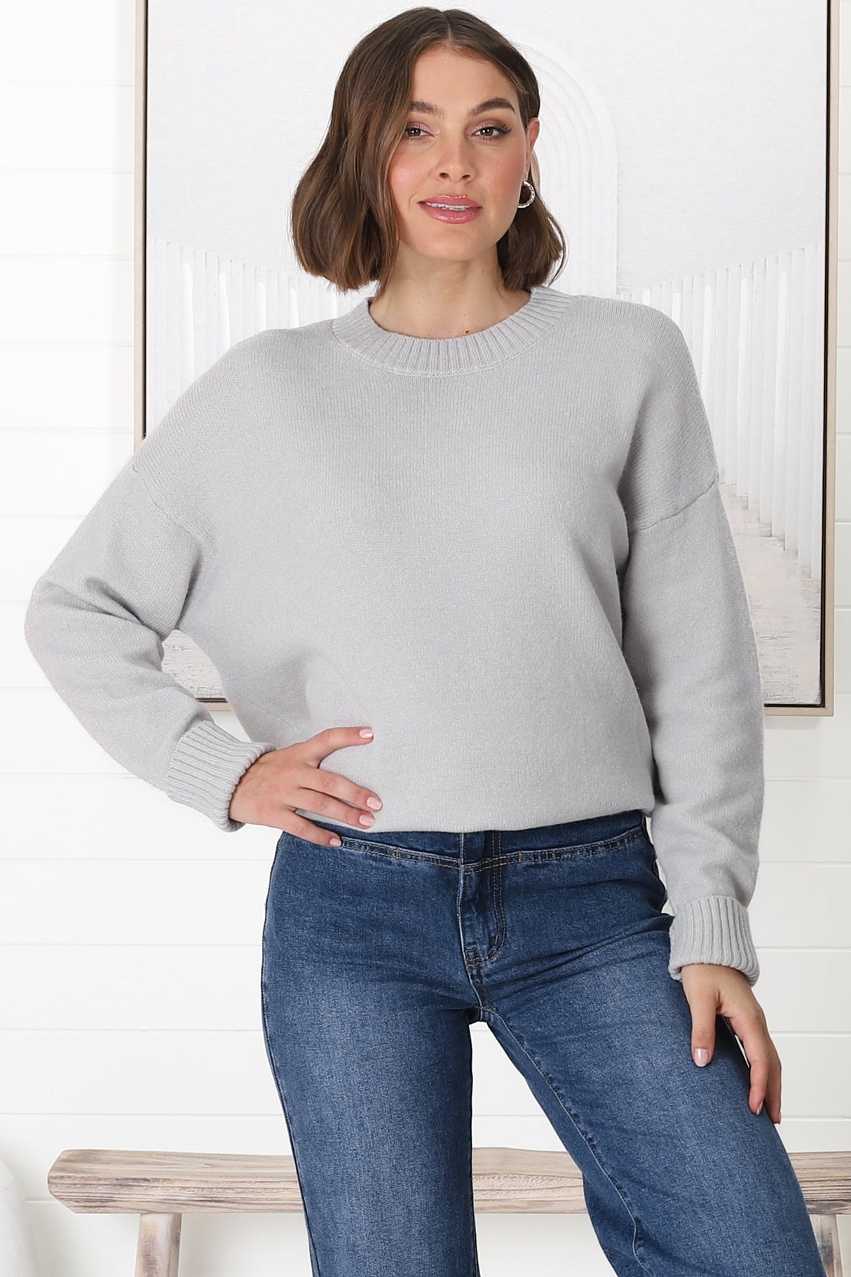 Rita Jumper - Relaxed Crew Neck Knit with Side Splits in Grey