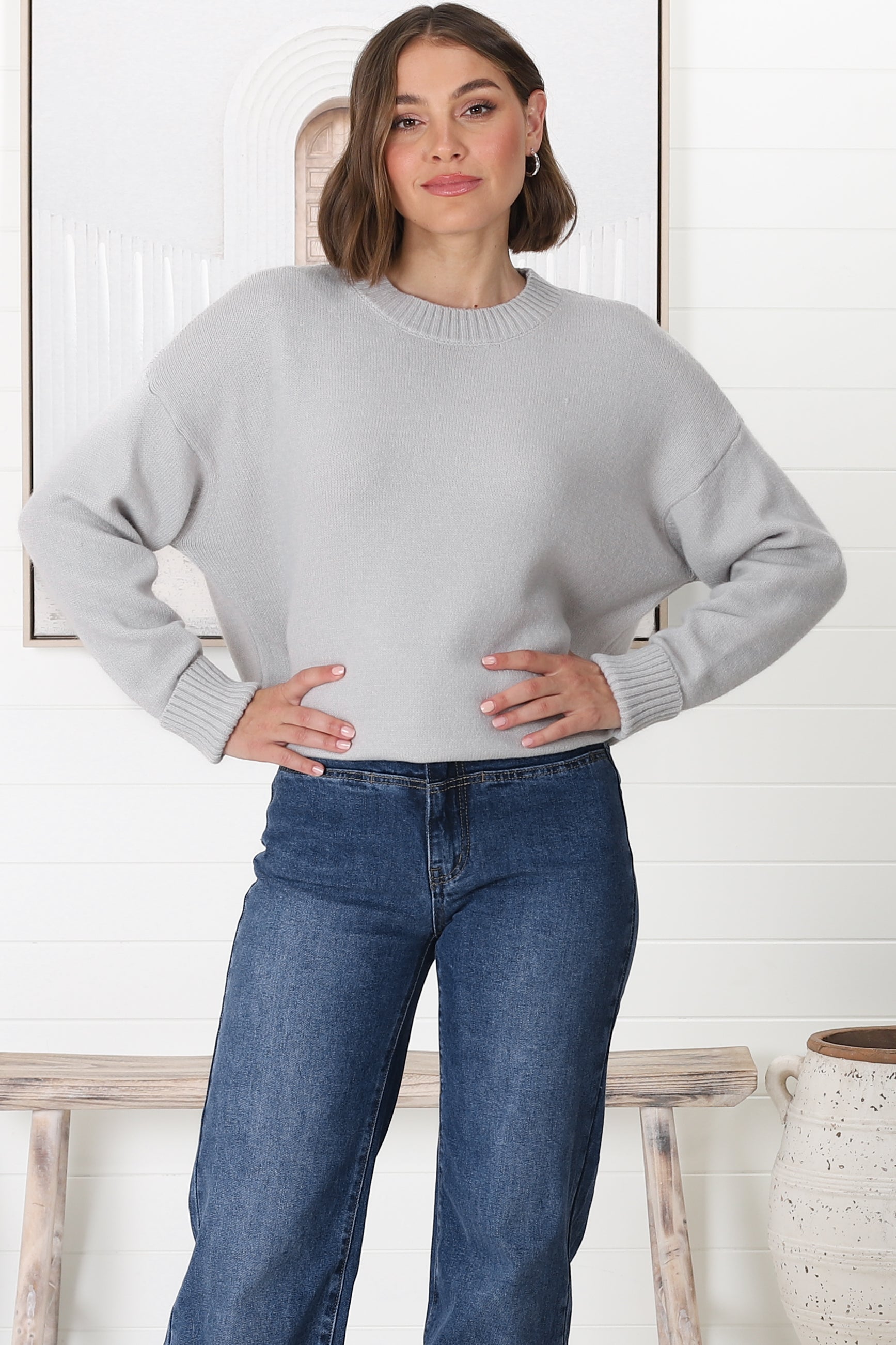 Rita Jumper - Relaxed Crew Neck Knit with Side Splits in Grey