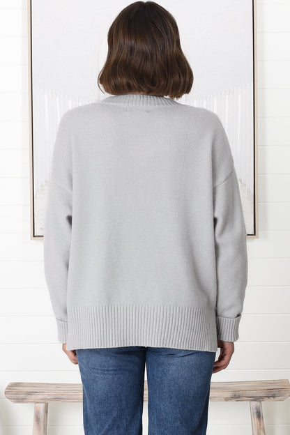 Rita Jumper - Relaxed Crew Neck Knit with Side Splits in Grey