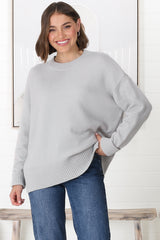 Rita Jumper - Relaxed Crew Neck Knit with Side Splits in Grey