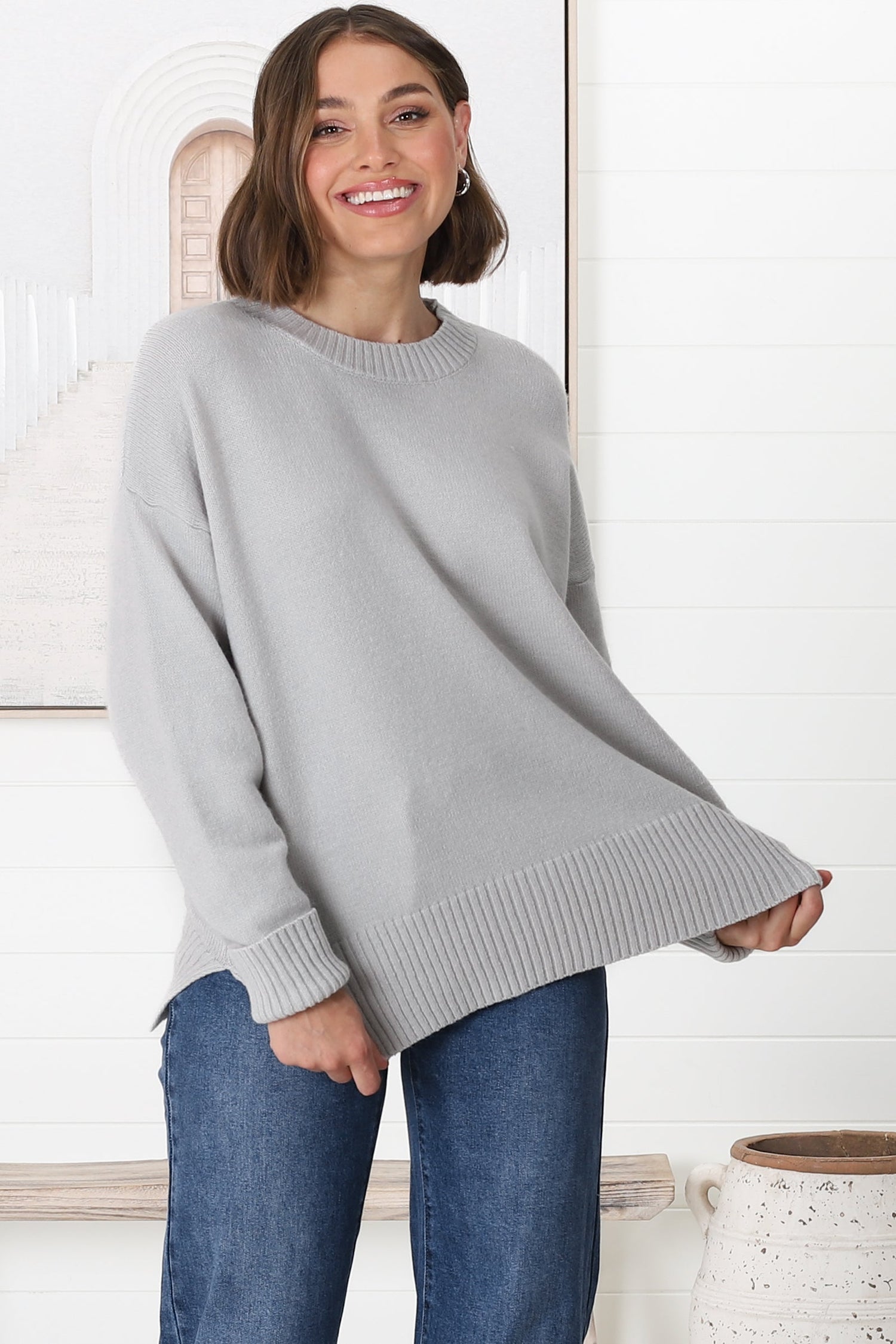 Rita Jumper - Relaxed Crew Neck Knit with Side Splits in Grey