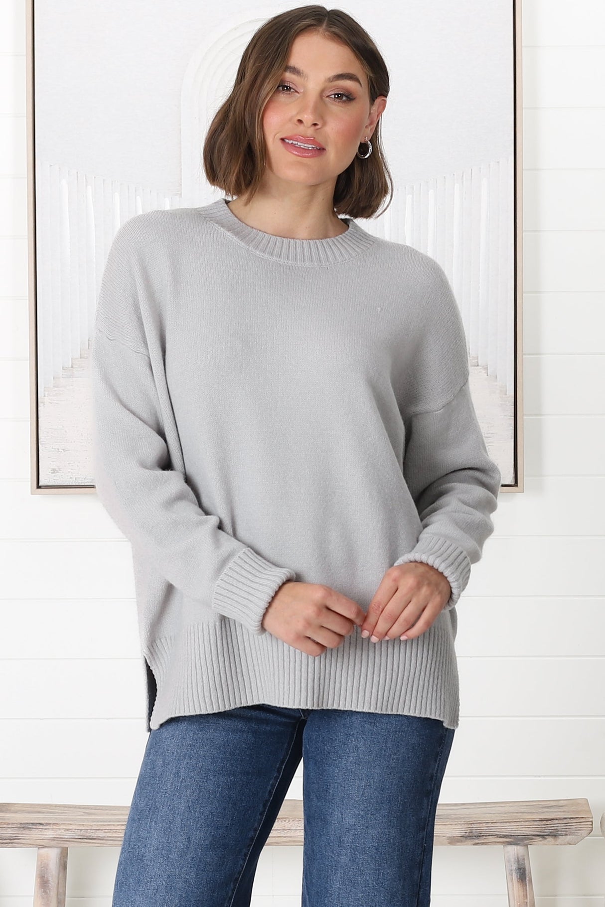 Rita Jumper - Relaxed Crew Neck Knit with Side Splits in Grey