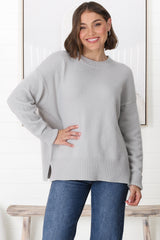 Rita Jumper - Relaxed Crew Neck Knit with Side Splits in Grey