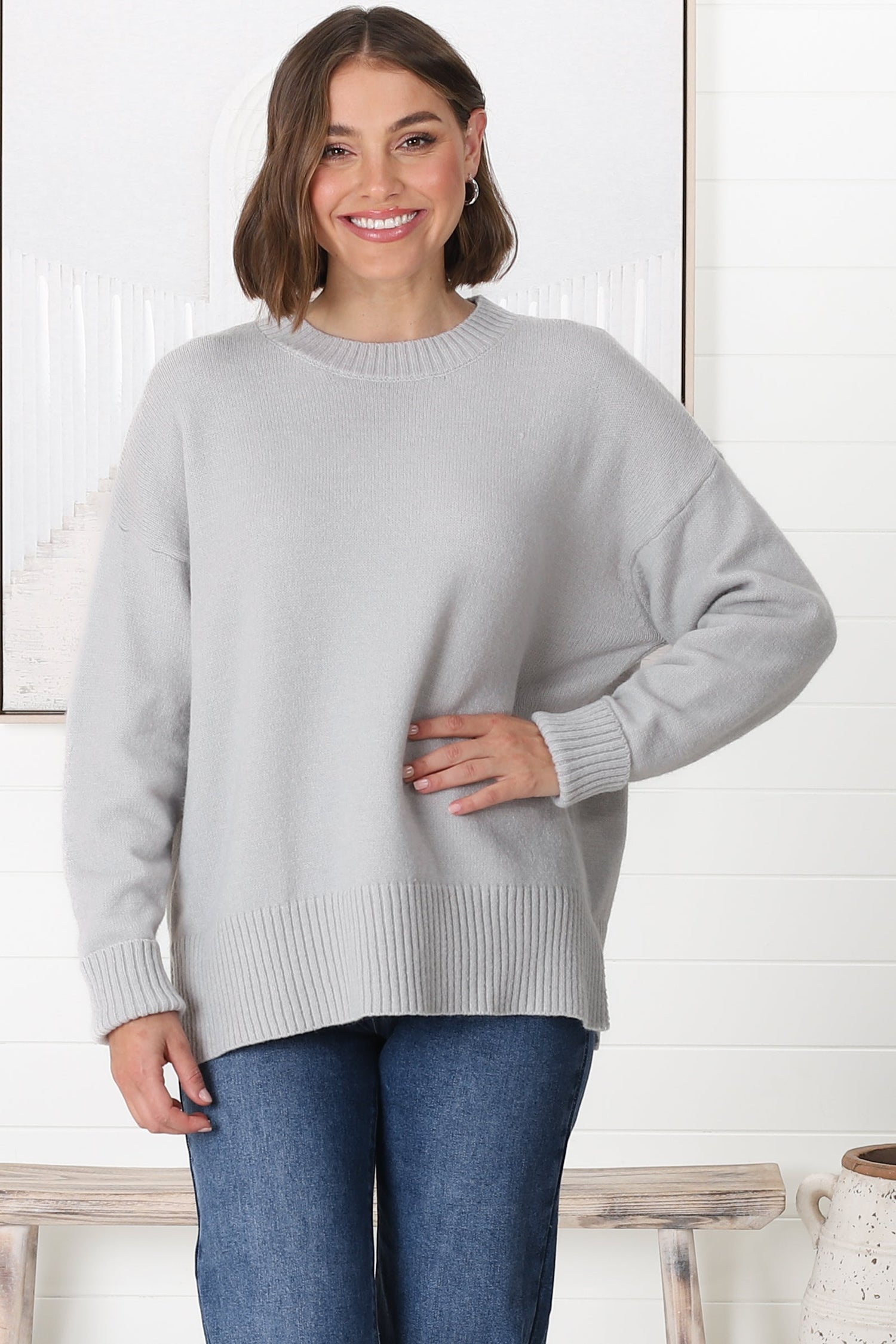 Rita Jumper - Relaxed Crew Neck Knit with Side Splits in Grey