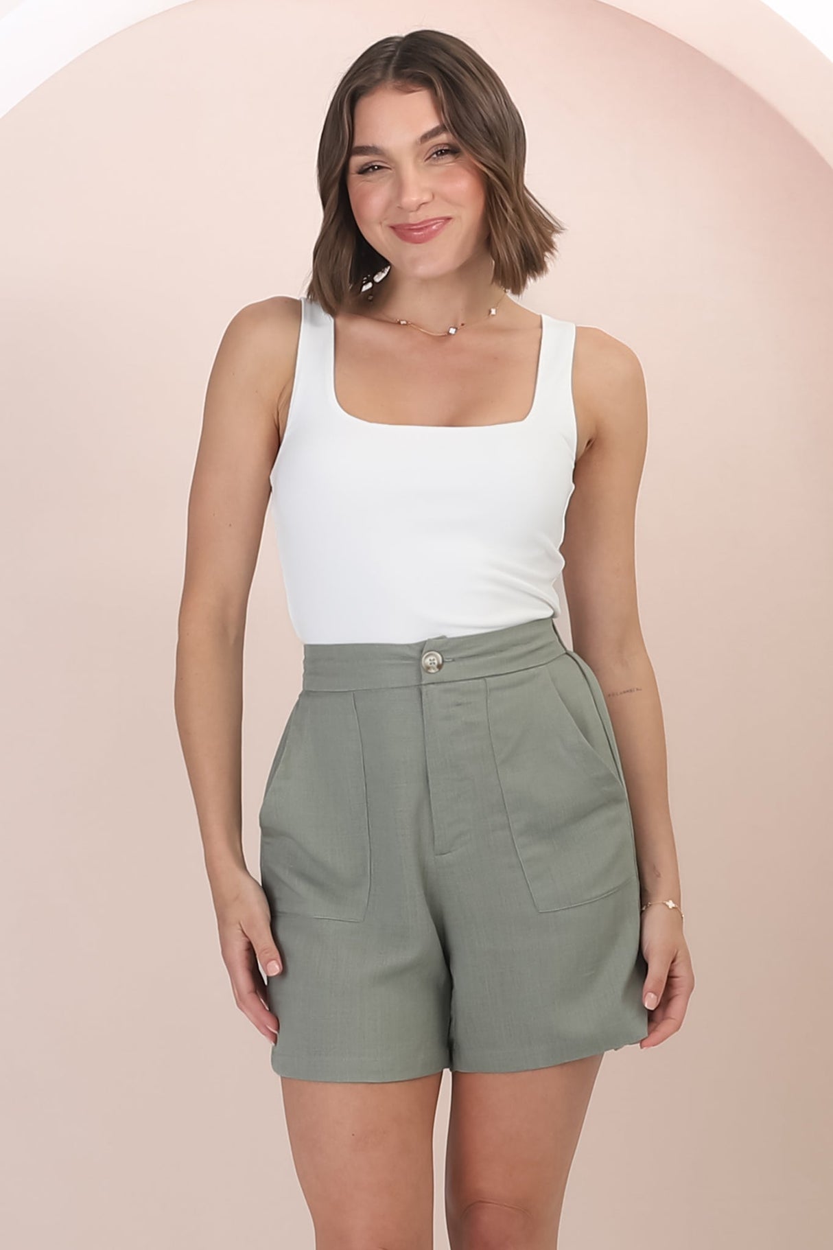 Rita Shorts - High Waisted Tailored Linen Shorts in Khaki