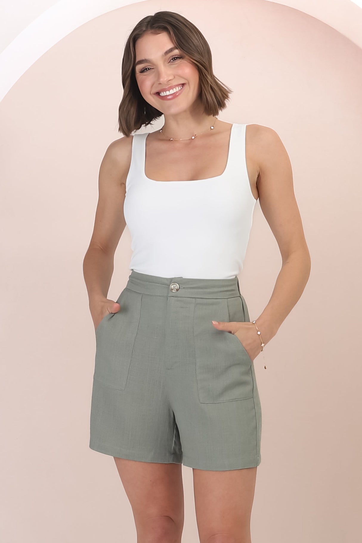 Rita Shorts - High Waisted Tailored Linen Shorts in Khaki