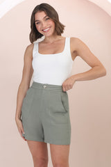 Rita Shorts - High Waisted Tailored Linen Shorts in Khaki